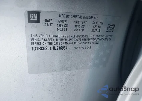 2017 Chevrolet Volt Lt z USA, uszkodzony, nr VIN 1G1RC6S51HU216964